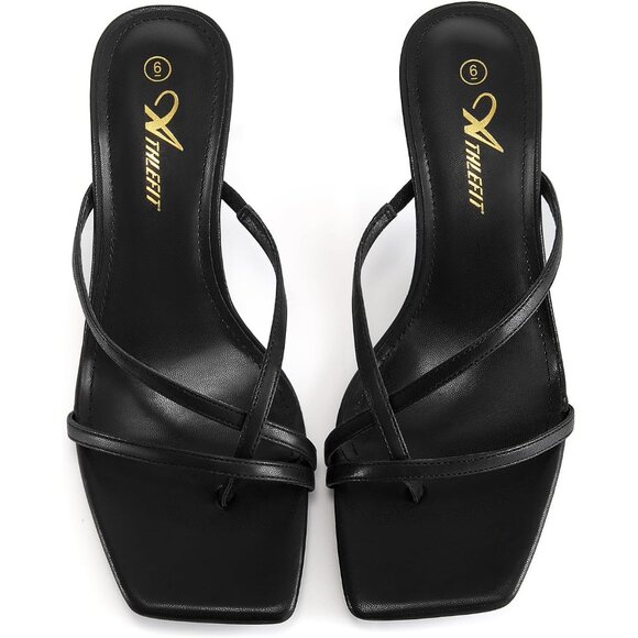 Athlefit Women's Black Polyurethan Square Open Toe Kitten Heels Thong Sandals - Picture 4 of 6